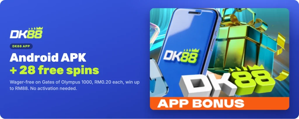 DK88 Android app with 28 wager-free free spins on Gates of Olympus 1000