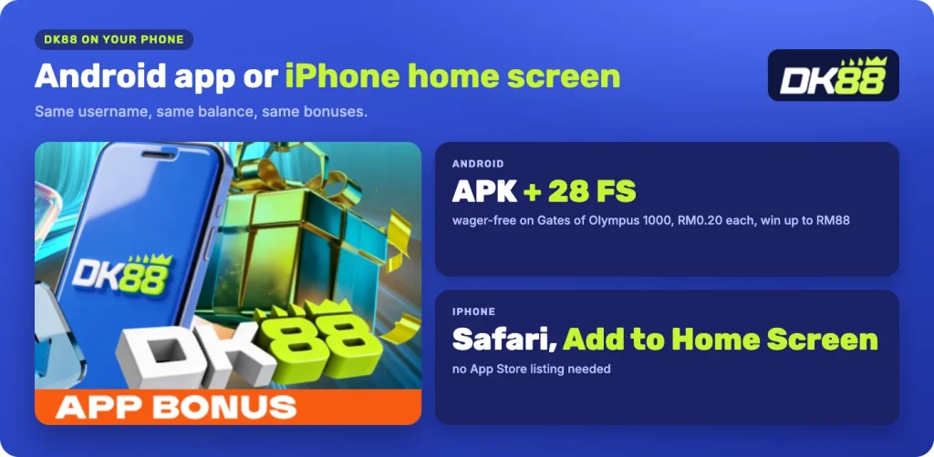 DK88 app: Android APK with 28 wager-free free spins, iPhone home-screen app from Safari