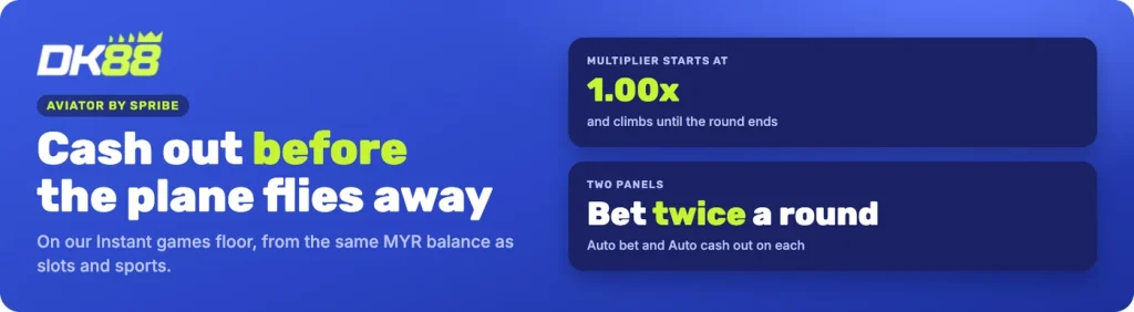 Aviator at DK88: the multiplier starts at 1.00x, two bet panels with Auto bet and Auto cash out