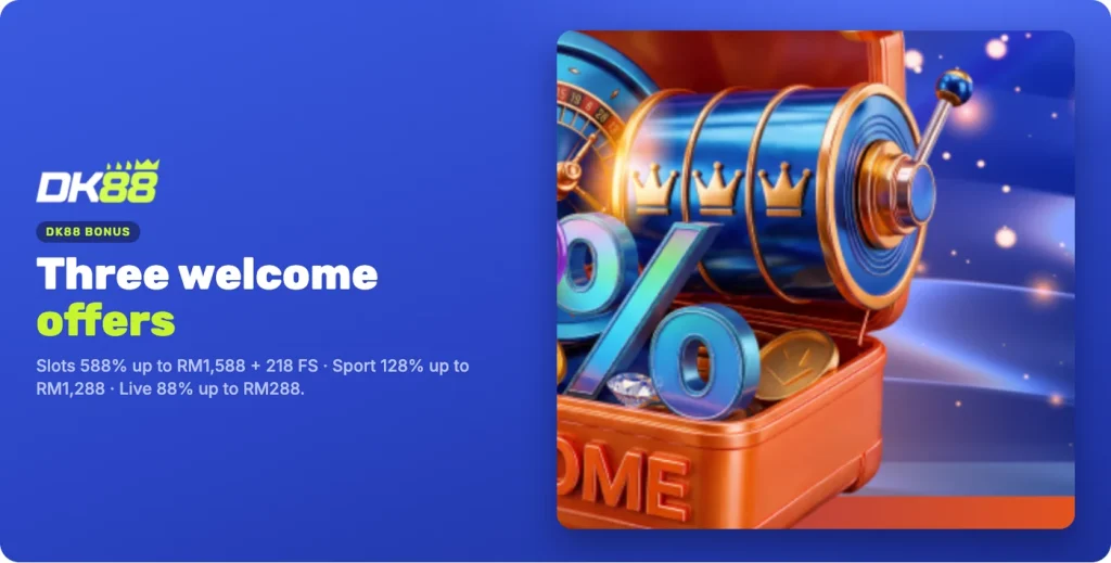 DK88 bonus: Slots 588% up to RM1,588 + 218 FS, Sport 128% up to RM1,288, Live 88% up to RM288