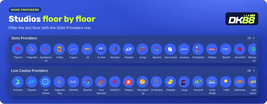 DK88 Slots Providers and live casino provider rows in the lobby