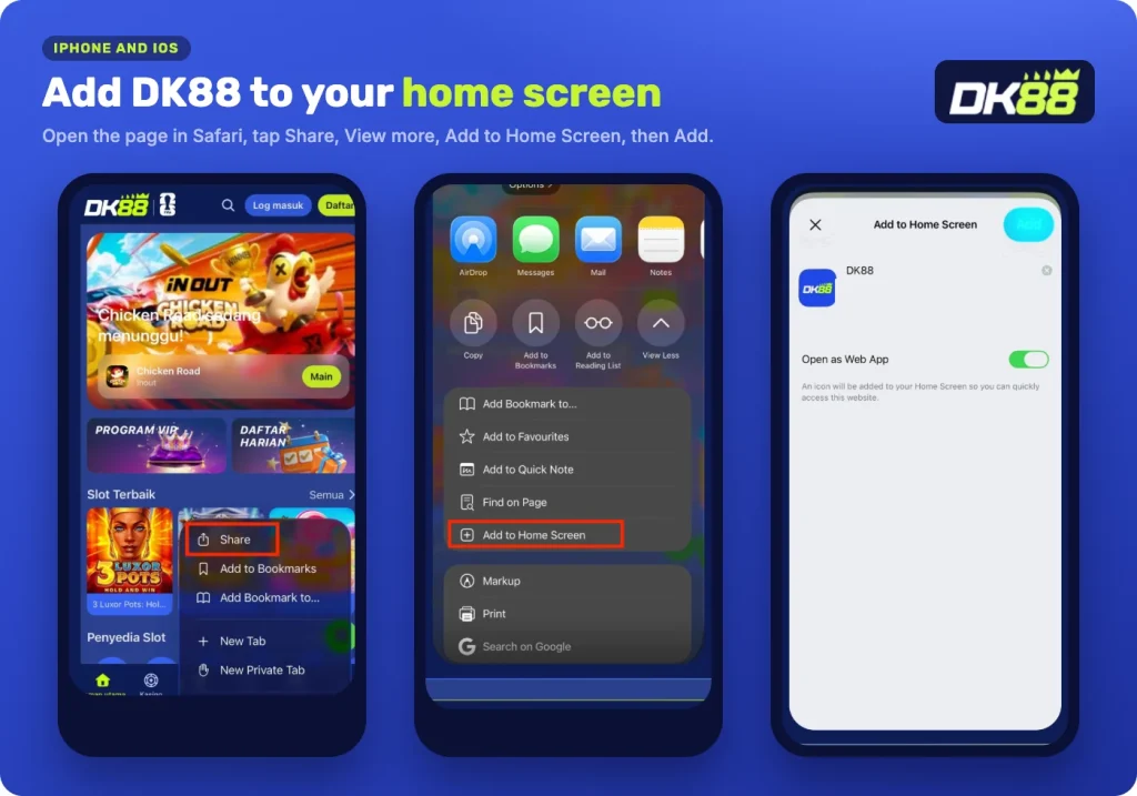DK88 on iPhone: Share, Add to Home Screen, Add in Safari