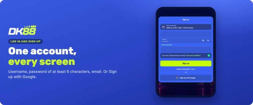 DK88 sign-up form: welcome package, username, password of 6+ characters, email, 18+ box, Sign up with Google