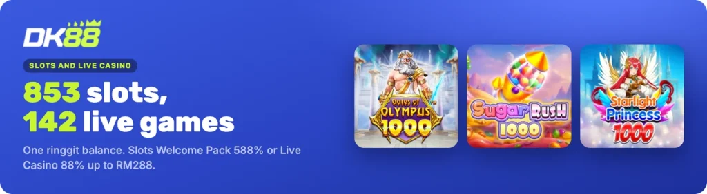 DK88 casino: 853 slots including Gates of Olympus 1000, Sugar Rush 1000 and Starlight Princess 1000, plus 142 live games